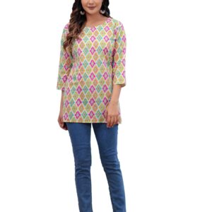 Women's Ikat Printed Cotton Kurti in White with Multicolor Pattern